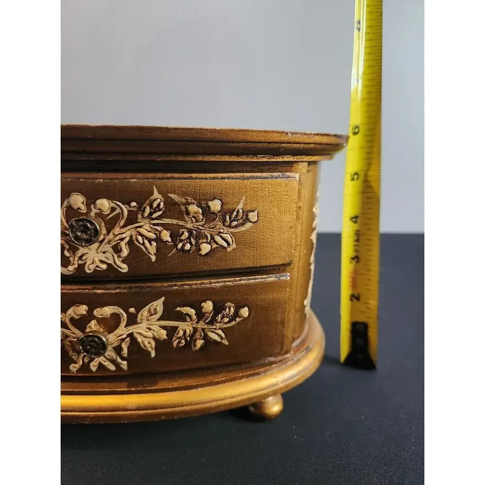 Vintage wood Florentine Jewelry Box-2 Drawers-Gold music box